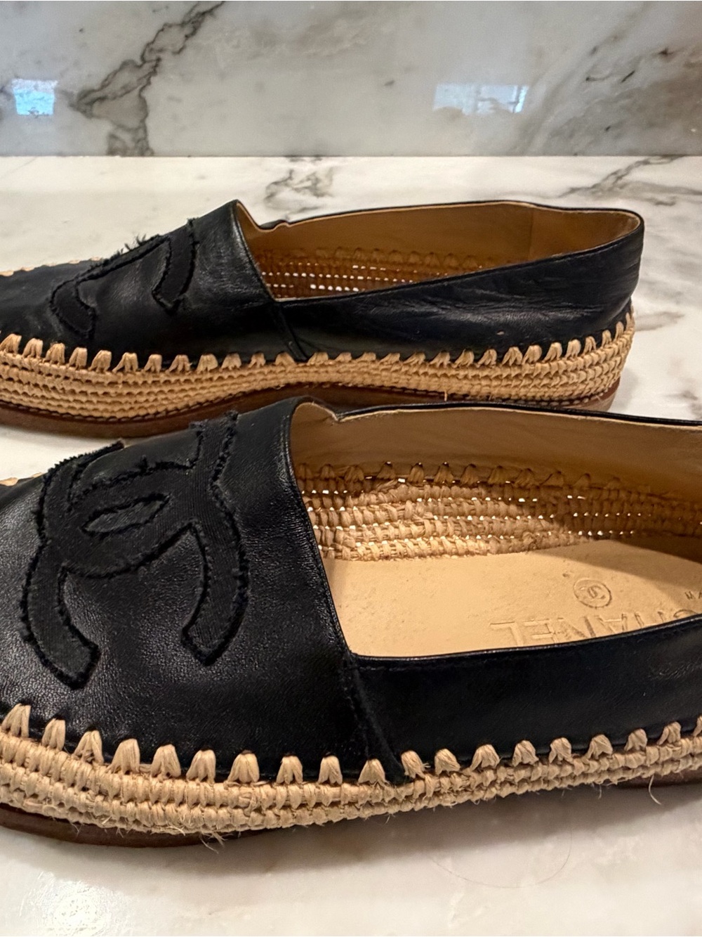 CHANEL Black Leather Espadrille Slip-On Loafers with Tan Trim - Picture 4 of 4